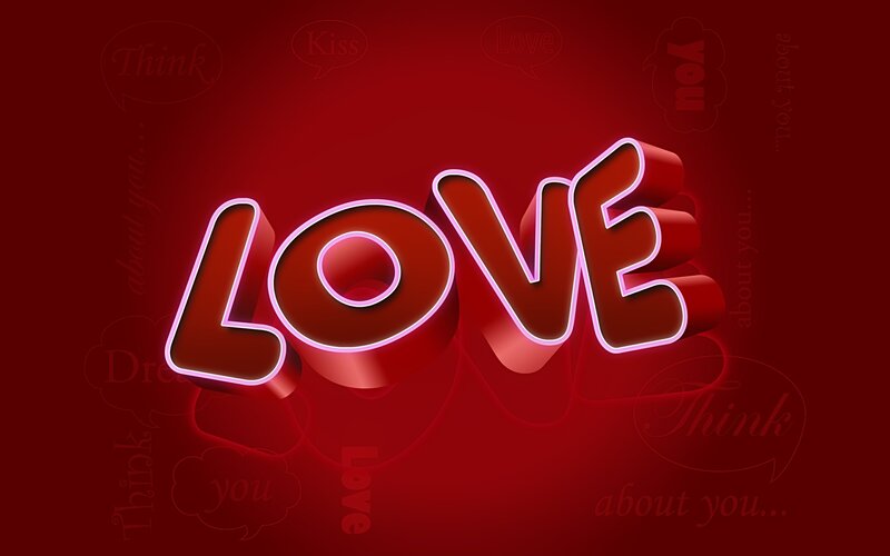 Neon love text on red background