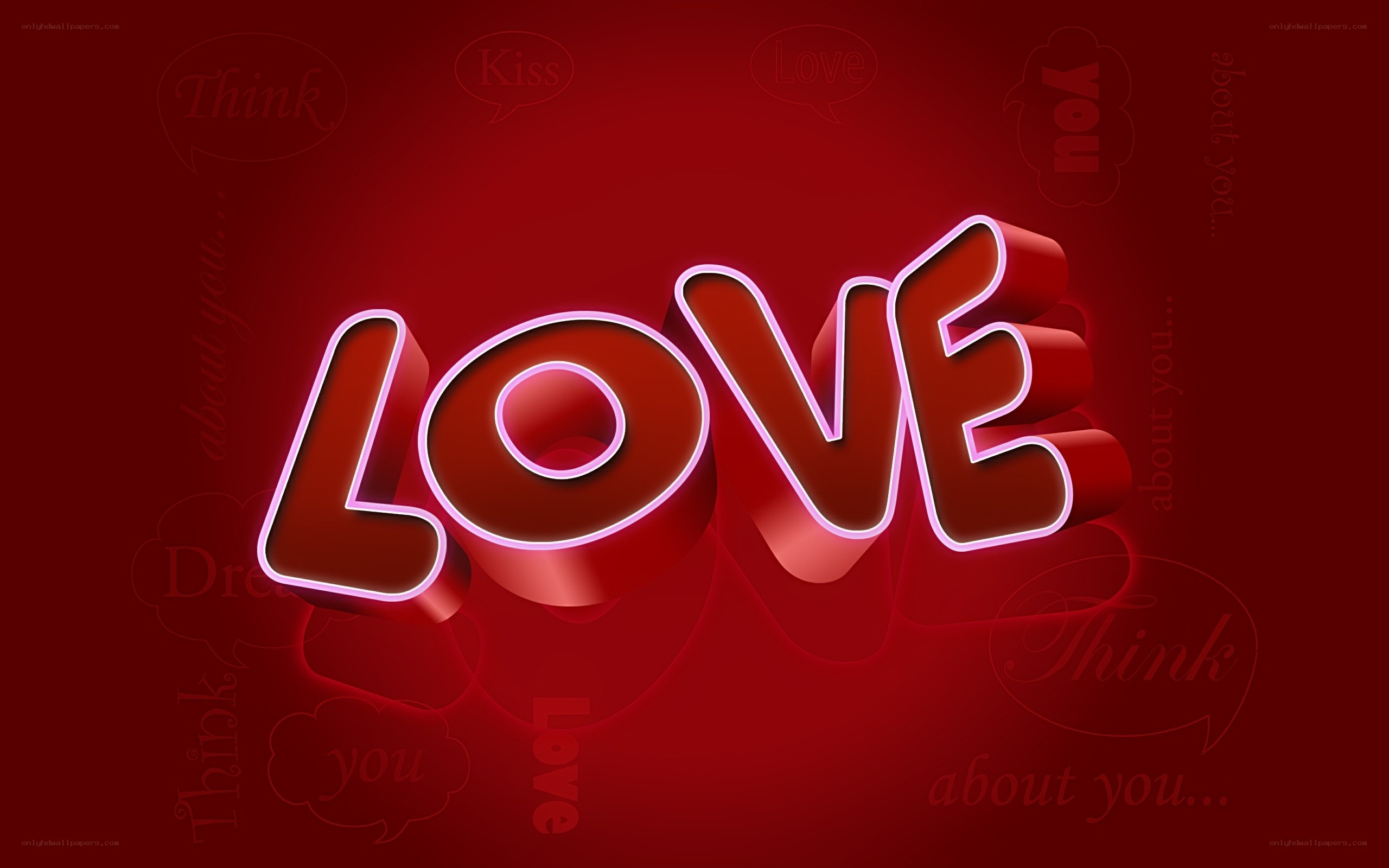 Neon love text on red background