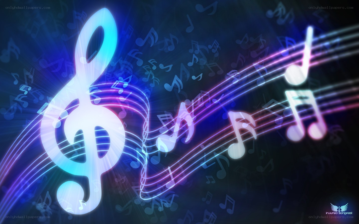Neon music notes and treble clef
