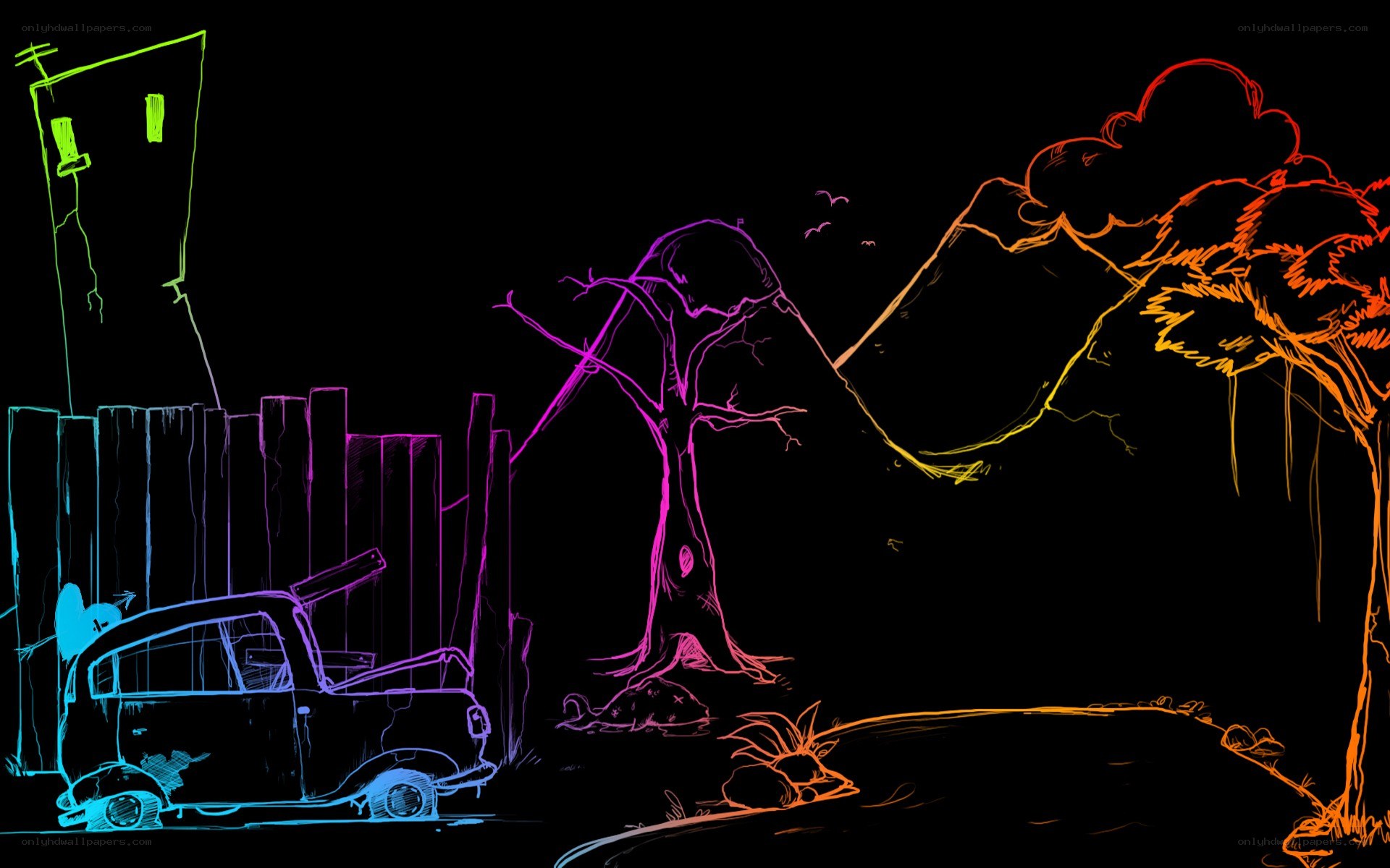 neon outline landscape