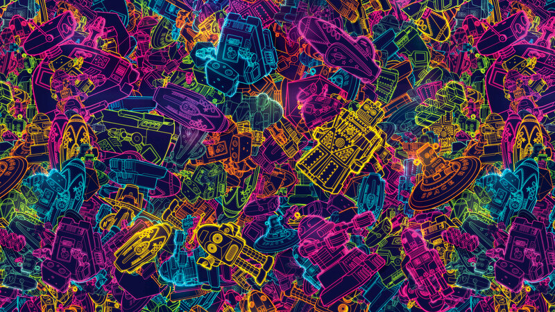 neon retro robots and spaceships