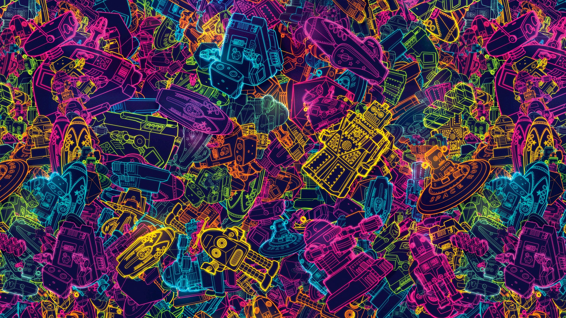 neon retro robots and spaceships