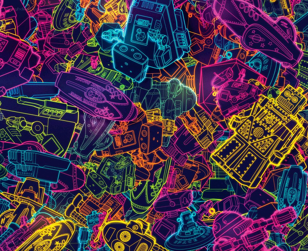 neon robot and spaceship art