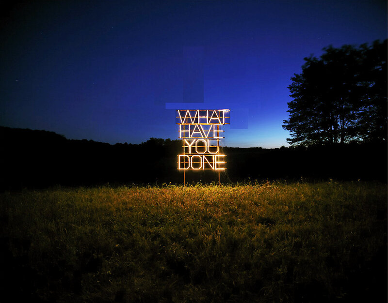 Neon sign in a field at night