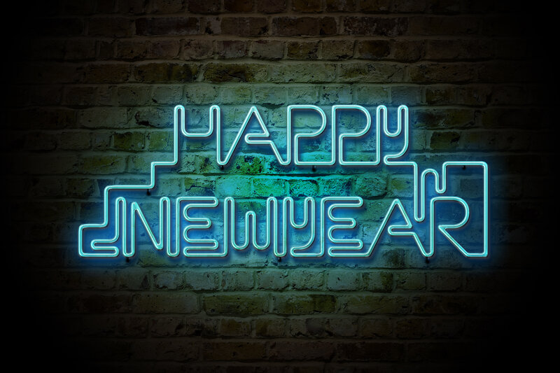 Neon Sign on Brick Wall — Blue, Celebratory