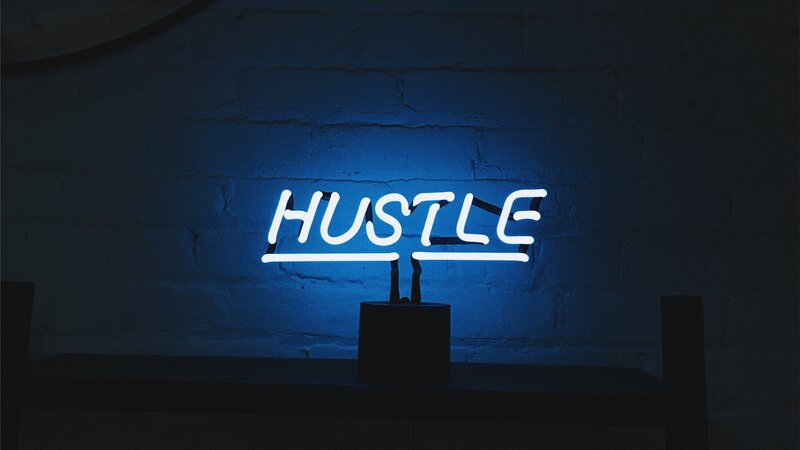 Neon Sign on Brick Wall — Blue, Dark, Night, Photograph