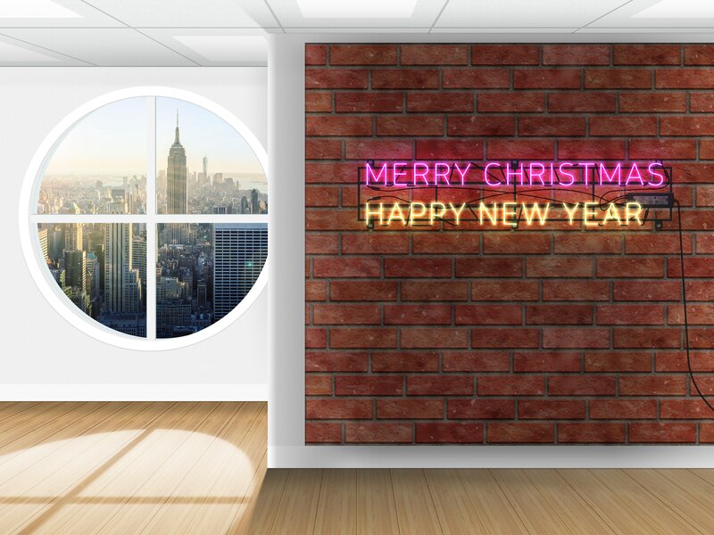 Neon Sign on Brick Wall — Red, Festive