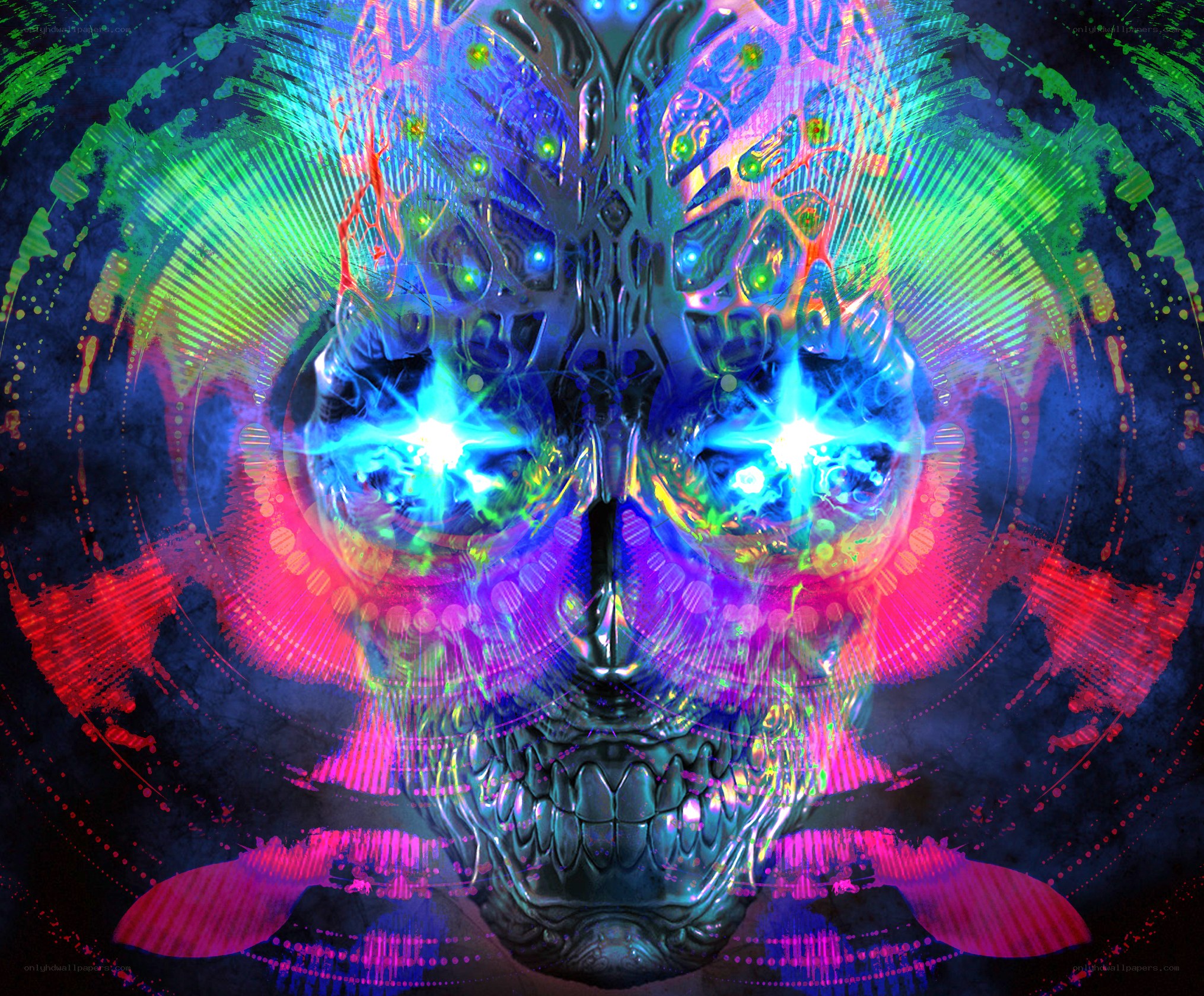 neon skull with glowing eyes