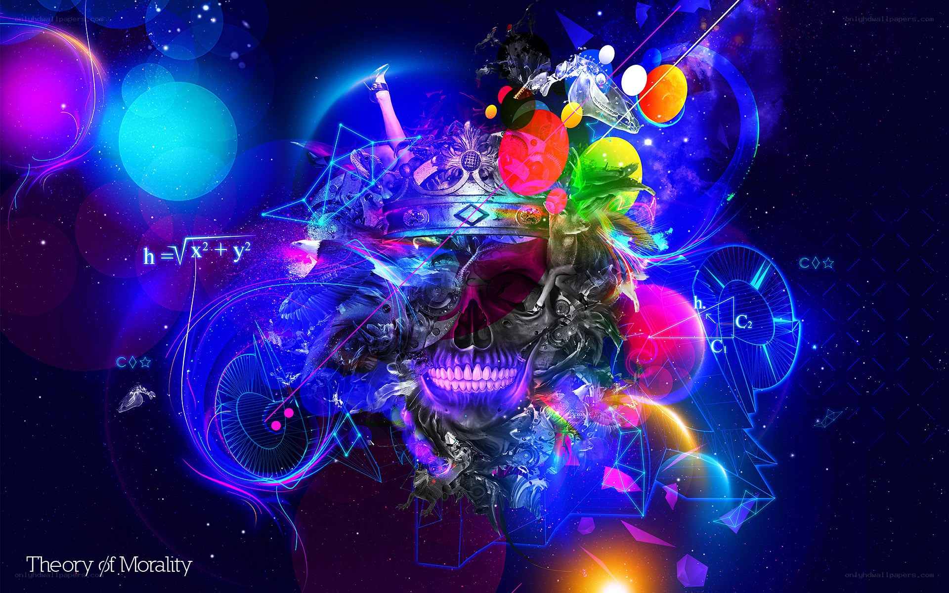 Neon skull with mathematical symbols