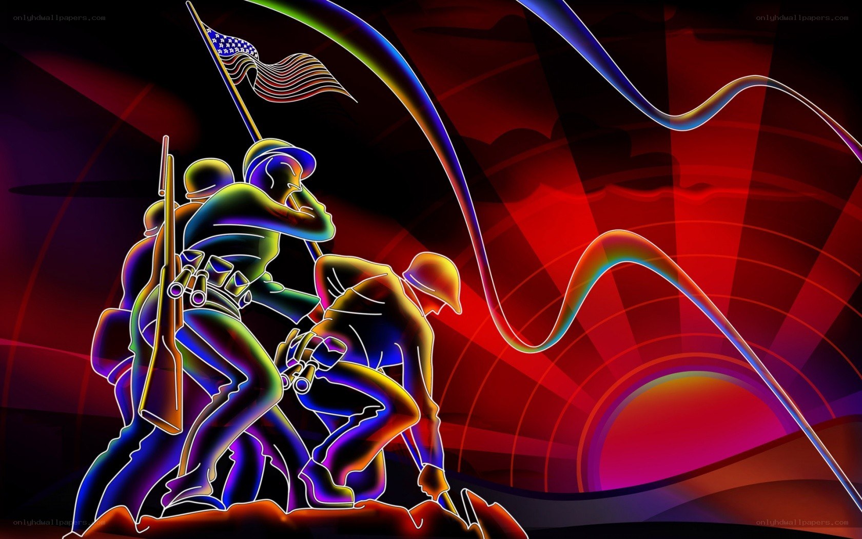 Neon soldiers raising flag