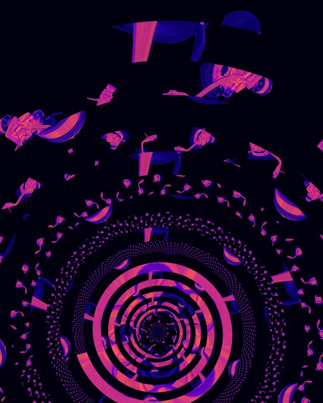 neon spiral tunnel with floating objects