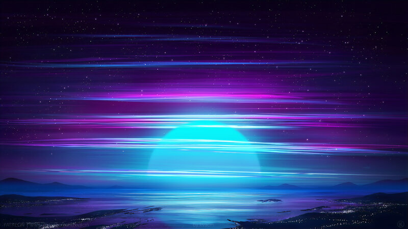 Neon Sunset over Water — Purple