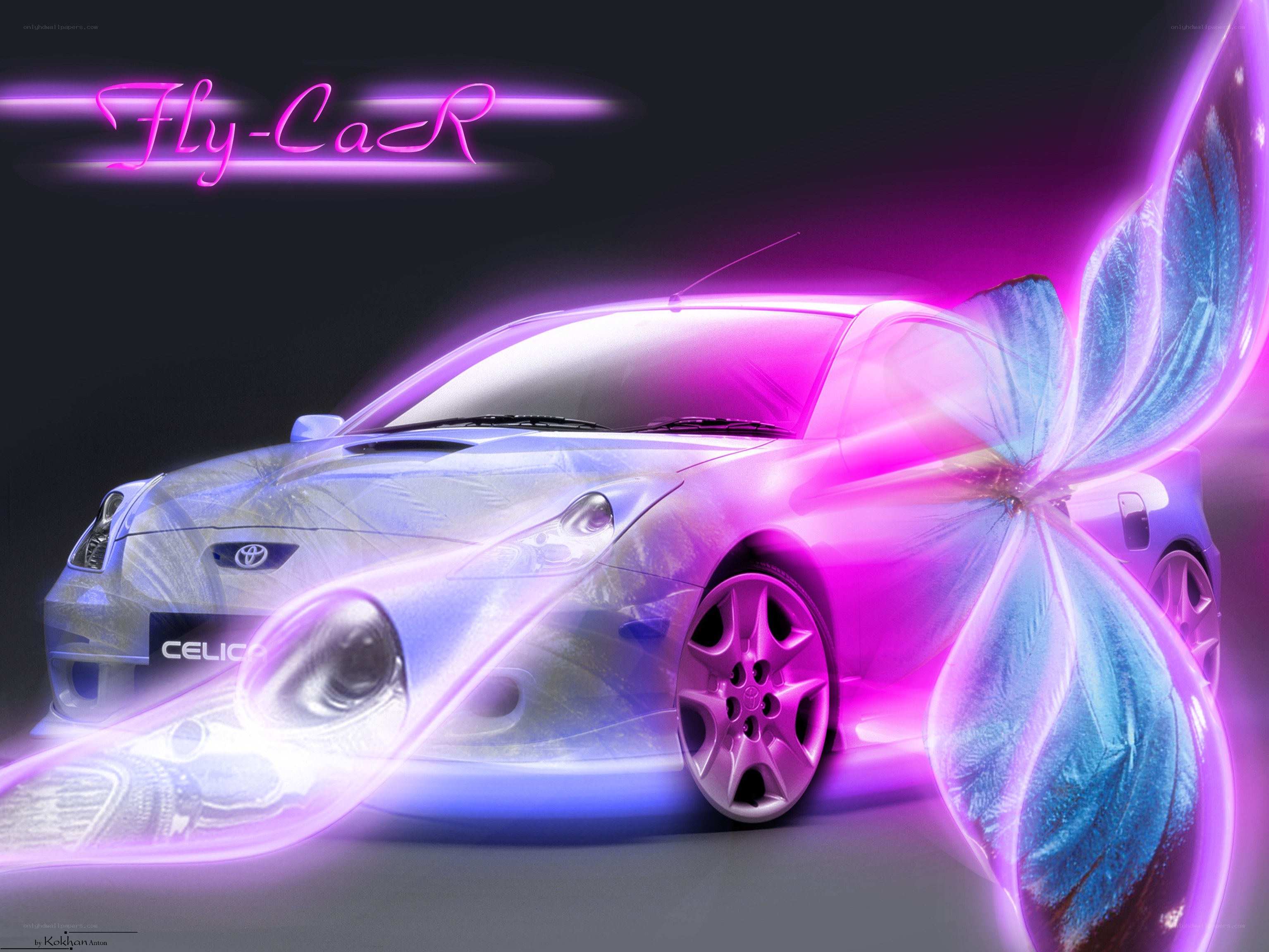 Neon Toyota Celica with butterfly