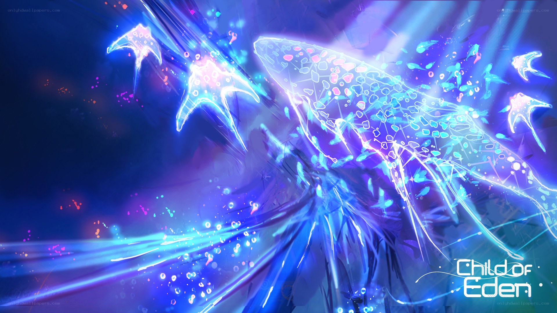 Neon whale and fish in space