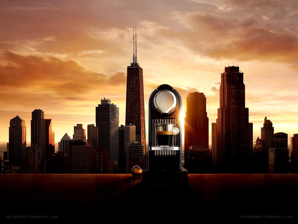 Nespresso machine with city skyline
