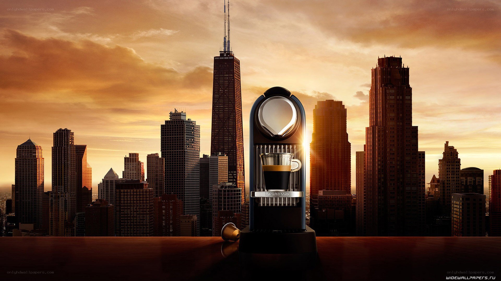 Nespresso machine with city skyline
