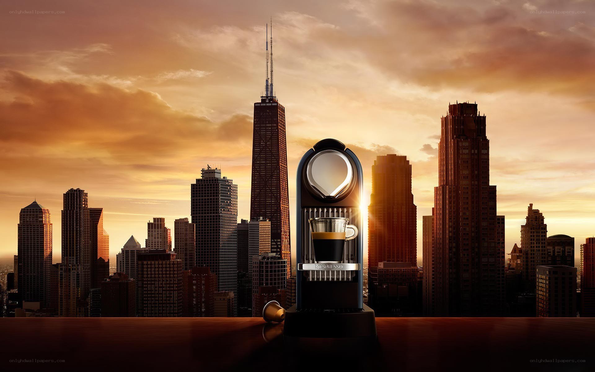 Nespresso machine with city skyline