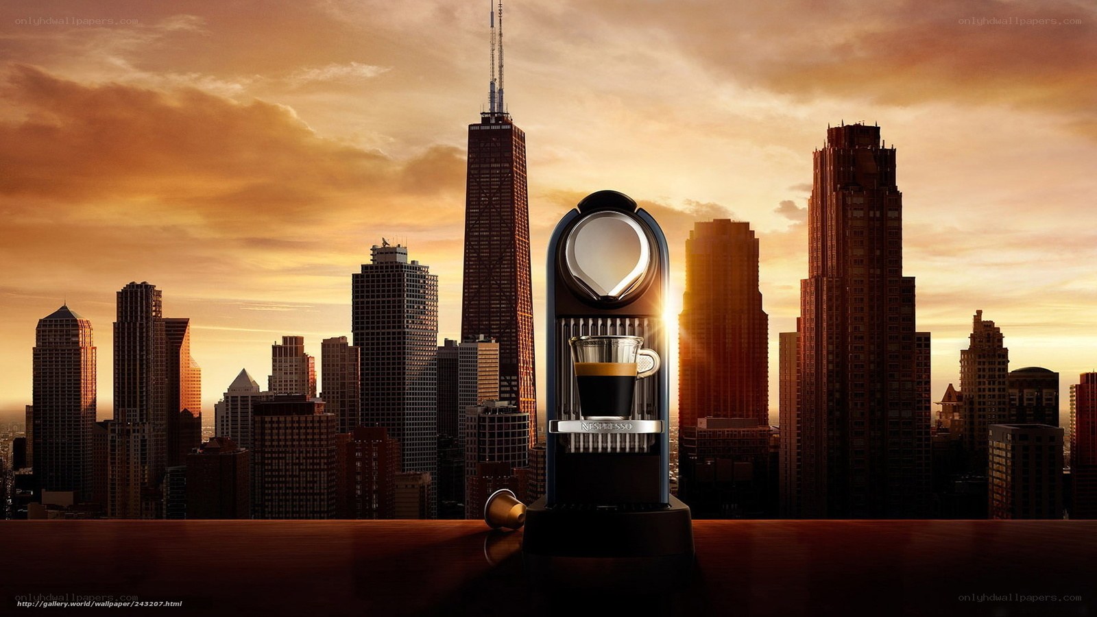 Nespresso machine with city skyline