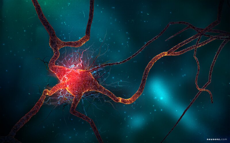 Neuron with Electrical Activity — Red, Dramatic
