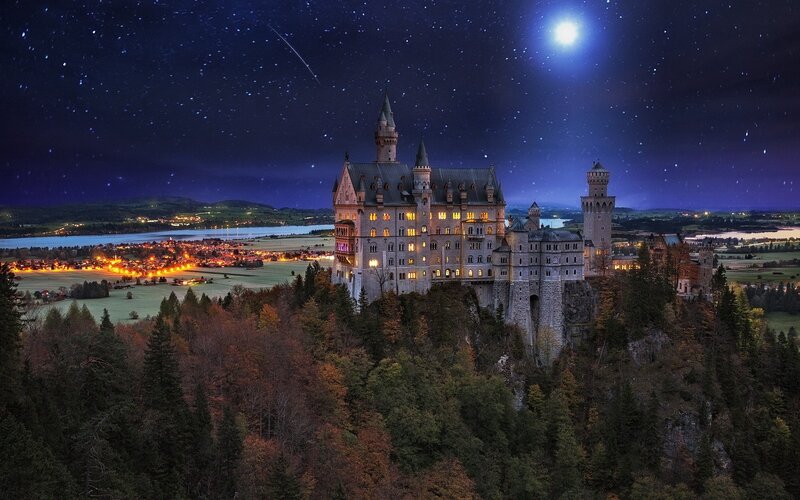 Neuschwanstein Castle — Blue, Dramatic, Night, Photograph, Forest, Moon