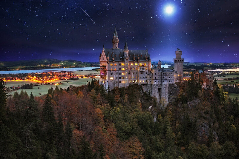Neuschwanstein Castle — Blue, Dramatic, Night, Photograph, Forest