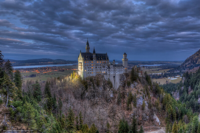 Neuschwanstein Castle — Blue, Dramatic, Night, Photograph, Lake