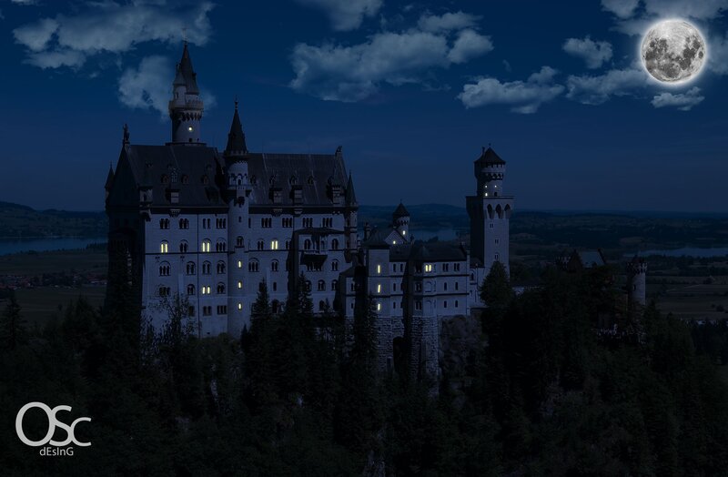 Neuschwanstein Castle — Blue, Dramatic, Night, Photograph, Moon, Clouds