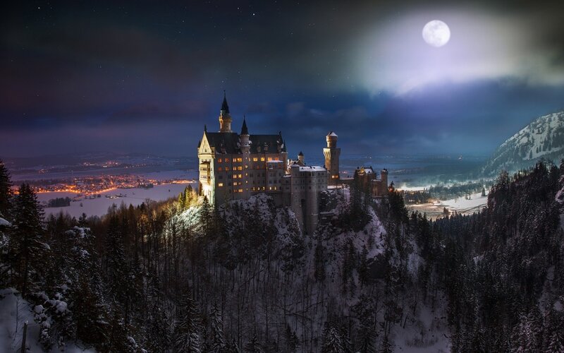 Neuschwanstein Castle — Blue, Dramatic, Night, Photograph, Moon