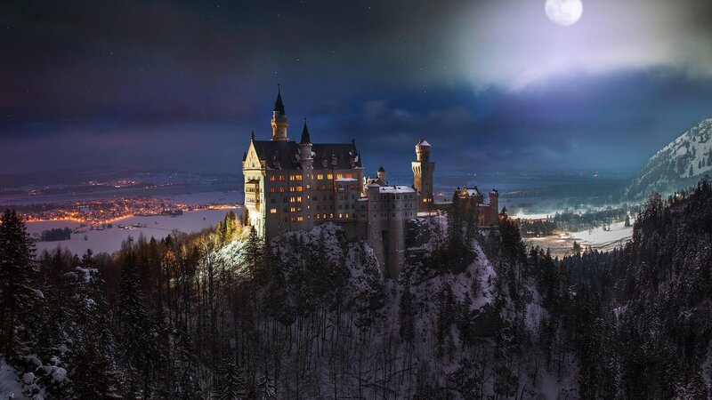 Neuschwanstein Castle — Blue, Dramatic, Night, Photograph, Snow