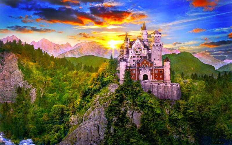 Neuschwanstein Castle — Blue, Dramatic, Sunset, Digital Art
