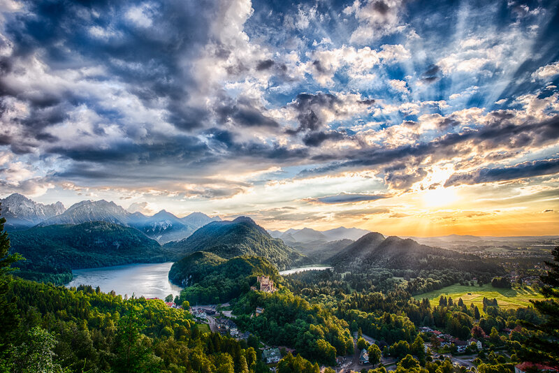 Neuschwanstein Castle — Blue, Dramatic, Sunset, Photograph, Mountains, Lake
