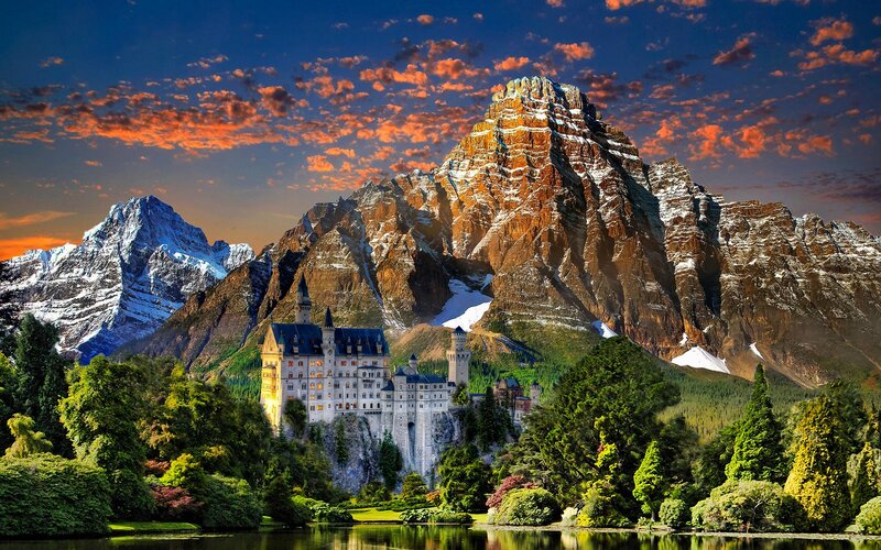 Neuschwanstein Castle — Blue, Dramatic, Sunset, Photograph, Mountains, Lake, Trees