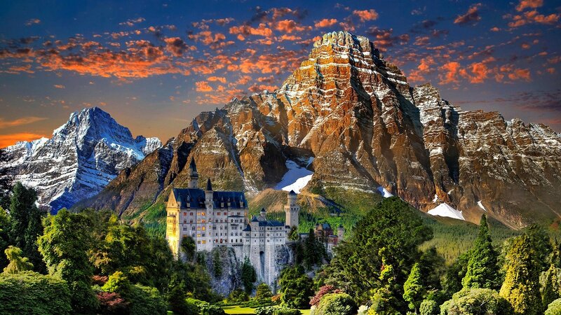Neuschwanstein Castle — Blue, Dramatic, Sunset, Photograph, Mountains