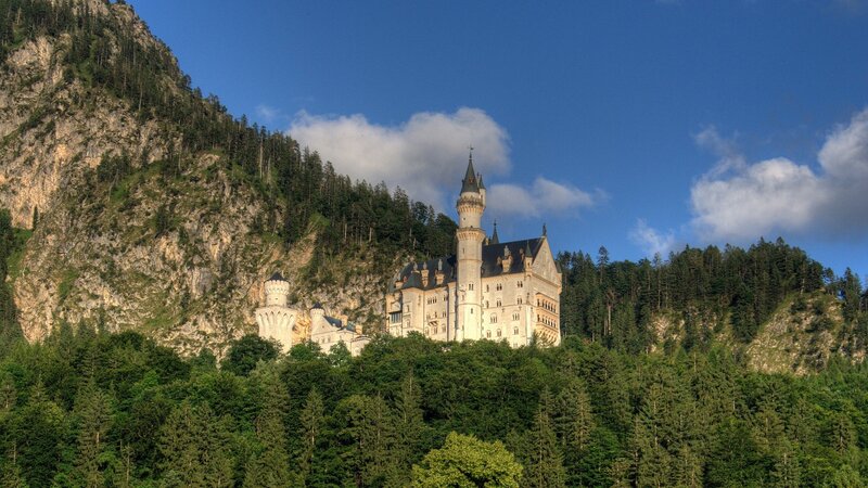 Neuschwanstein Castle — Blue, Serene, Afternoon, Photograph, Mountain, Forest, Sky, Green, White