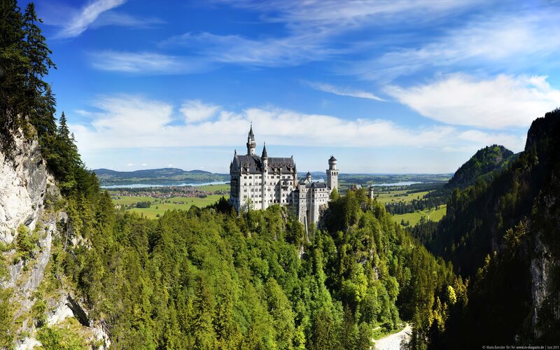 Neuschwanstein Castle — Blue, Serene, Afternoon, Photograph, Mountains, Forest, Lake, Green