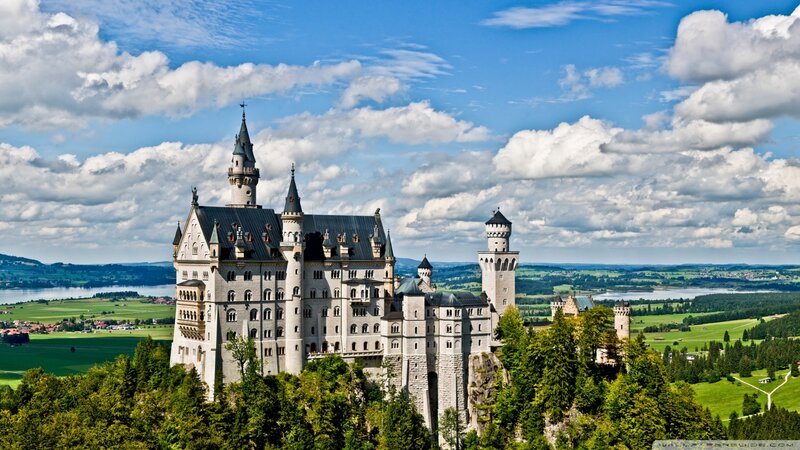 Neuschwanstein Castle — Blue, Serene, Afternoon, Photograph, Towers, Green Fields