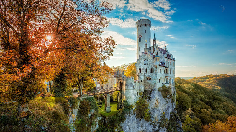 Neuschwanstein Castle — Blue, Serene, Autumn, Photograph, Trees, Bridge, Mountain