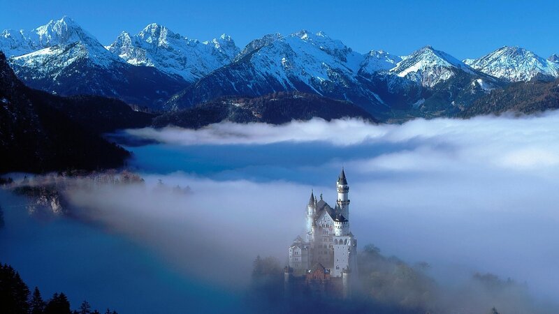 Neuschwanstein Castle — Blue, Serene, Morning, Photograph, Mountains, Fog