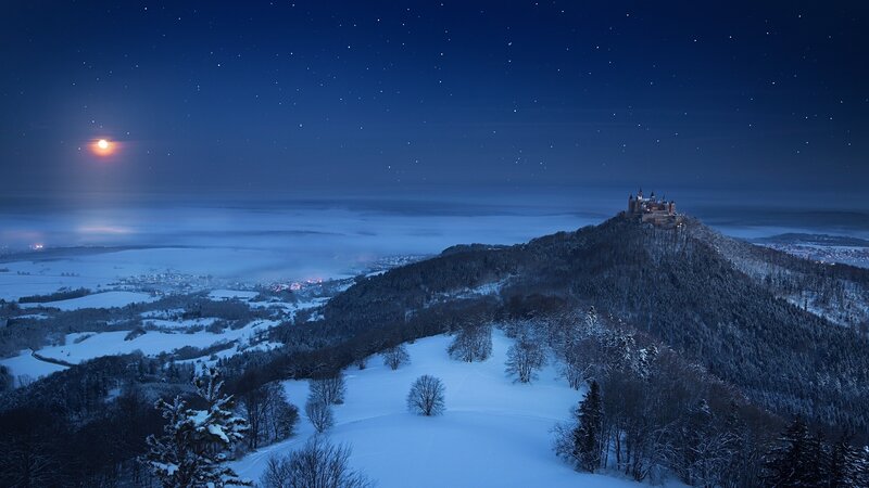 Neuschwanstein Castle — Blue, Serene, Night, Photograph, Moon