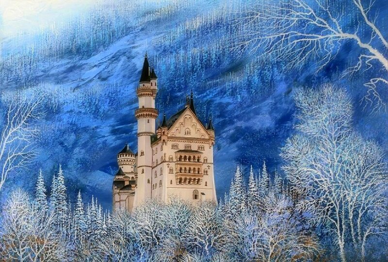 Neuschwanstein Castle — Blue, Serene, Winter, Painting