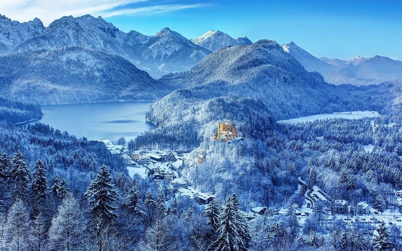 Neuschwanstein Castle — Blue, Serene, Winter, Photograph, Mountains, Lake, Forest