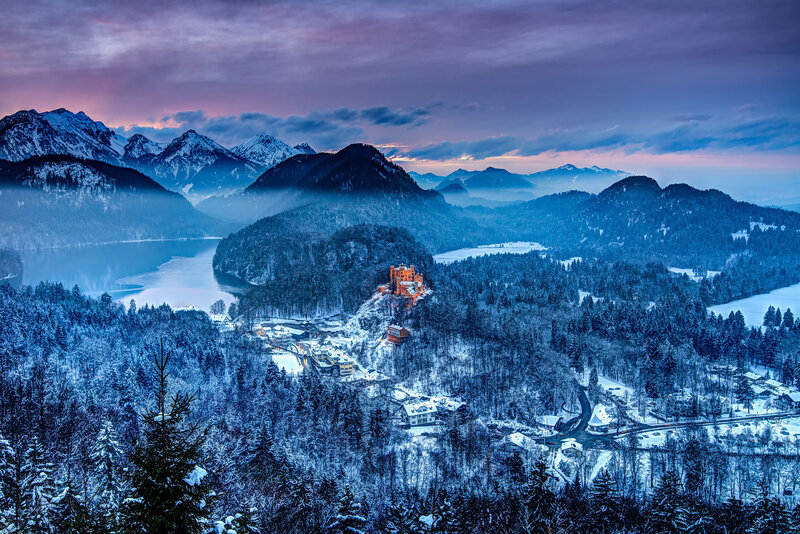Neuschwanstein Castle — Blue, Serene, Winter, Photograph, Snow-covered Mountains, Lake, Forest