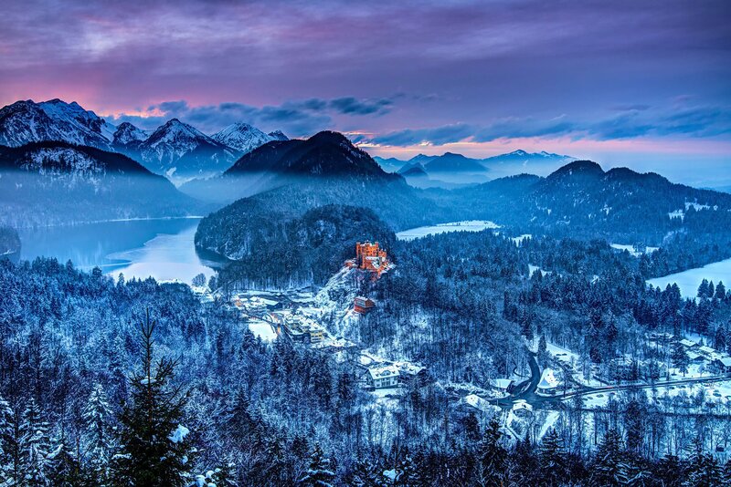 Neuschwanstein Castle — Blue, Serene, Winter, Photograph, Snow-covered Mountains, Lake