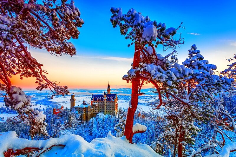 Neuschwanstein Castle — Blue, Serene, Winter, Photograph, Snow-covered Trees, Mountain Landscape