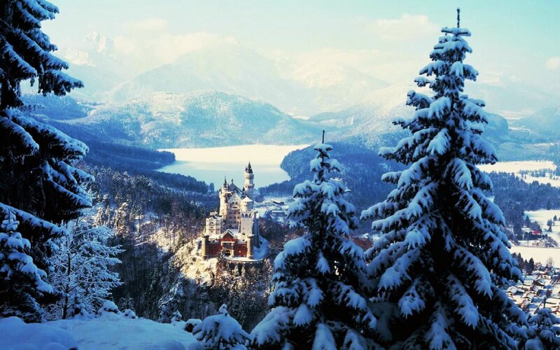 Neuschwanstein Castle — Blue, Serene, Winter, Photograph, Snow-covered Trees, Mountains