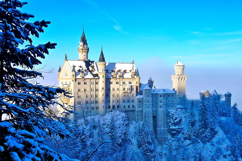 Neuschwanstein Castle — Blue, Serene, Winter, Photograph, Snow, Trees