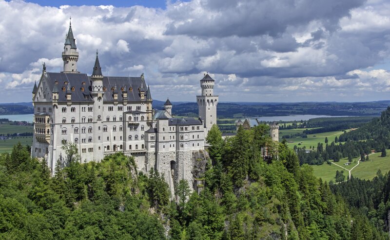 Neuschwanstein Castle — Green, Dramatic, Afternoon, Photograph, Forest, Lake