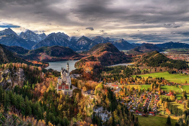 Neuschwanstein Castle — Green, Dramatic, Autumn, Photograph, Mountains
