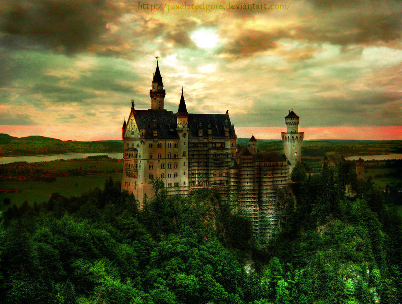 Neuschwanstein Castle — Green, Dramatic, Sunset, Digital Art
