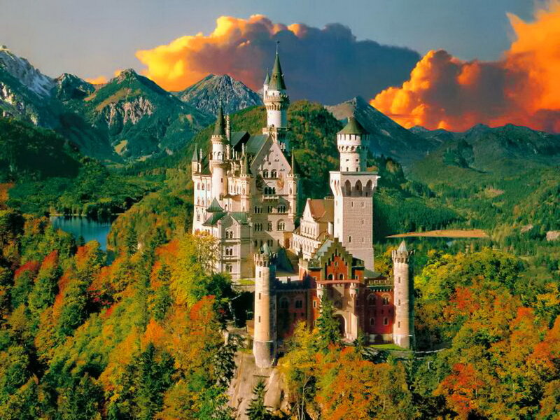 Neuschwanstein Castle — Green, Dramatic, Sunset, Photograph, Mountains